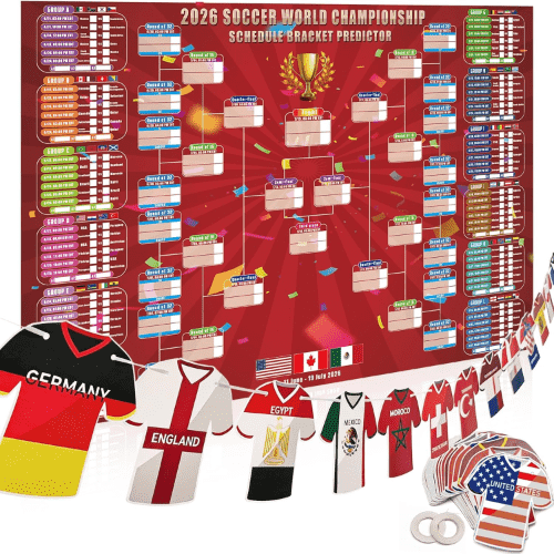 HONCHAN 2026 FIFA World Cup Extra Large Schedule Poster, 48 Teams Soccer Jersey Bunting Banner Country String Flags for Home, Office and Football Club Decorations, Red, 43 x 32-in
