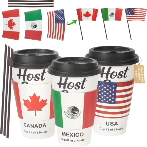 Sowinvent CheerSleeve Flag Themed Disposable Host Cup with Lids, Straws and Sleeves, 16 oz, 24 Sets