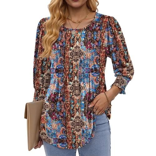 Fantaslook Pleated Blouses for Women Dressy Casual 3/4 Sleeve