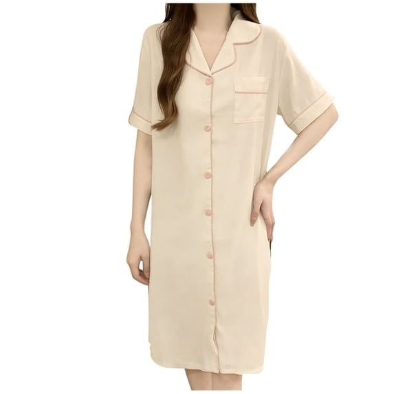 Annhoo Womens Nightgowns Solid Color Button Down Collar
