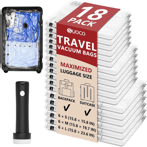 SUOCO Transparent Travel Vacuum Bags for Clothing with Cordless Pump 18 Combo