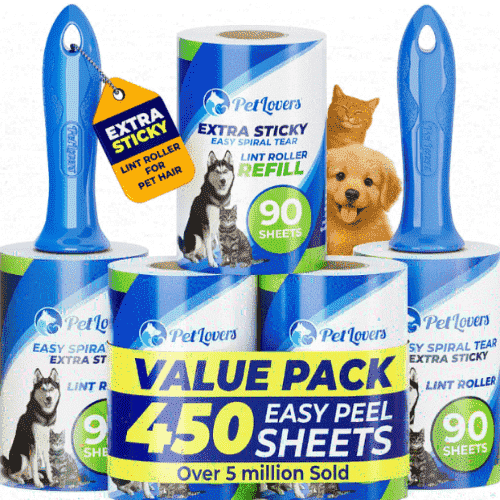 PetLovers Extra Sticky Lint Roller for Pet Hair, Mega Value Set, 450 Sheets, 5 Packs