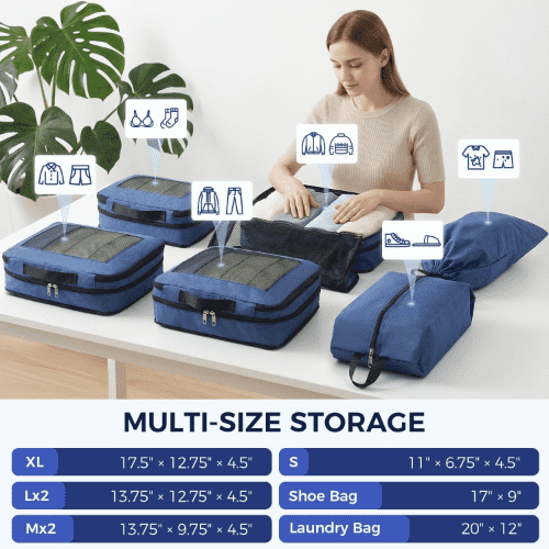 BAGAIL Tear-Resistant Fabric Compression Packing Cubes with Visible Mesh Panel, 8 Set, Navy