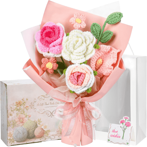 MengxFly Handmade Knitted Flower Bouquet, Pink