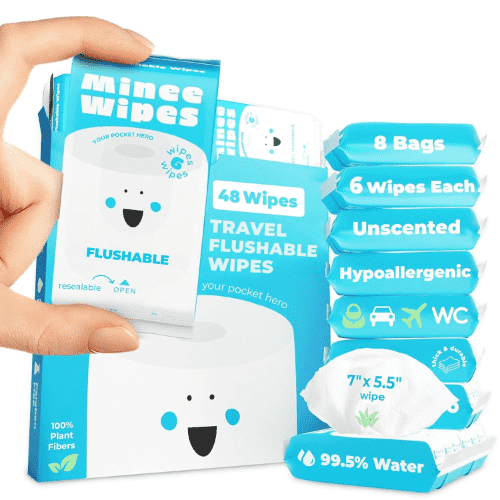 MOONIES Impossibly Compact Unscented Travel Flushable Wipes with 99.5% Water and Aloe, Safe for Sensitive Skin & Hypoallergenic, 8 Packs, 48 Wipes