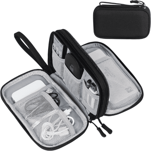 FYY Portable Waterproof Travel Tech Pouch Bag for Cord, Charger, Daily Business Trips Use with Double Layers, Black