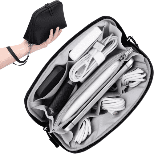 FYY Lightweight Soft Shell Nylon Water Repellent Portable Tech Pouch for Cord Charger, Travel and Business Trips Use with Wrist Strap, 8 Compartments, Black (Small)