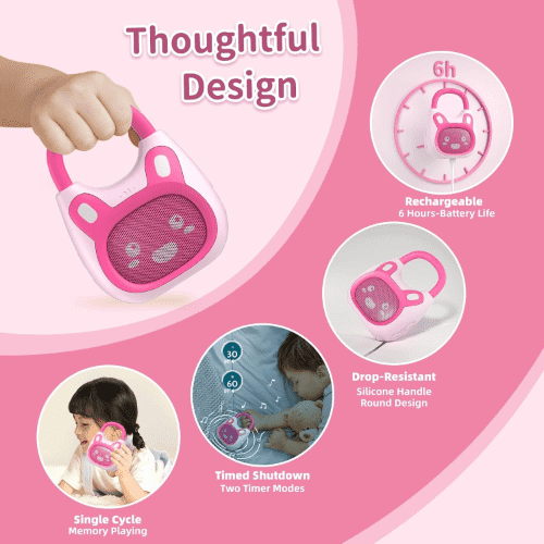alilo Pocket Bunny Portable Music Player for Toddlers with Strap and Ring, Preloaded 120+ Stories/Music/Lullabies/White Noise, Pink