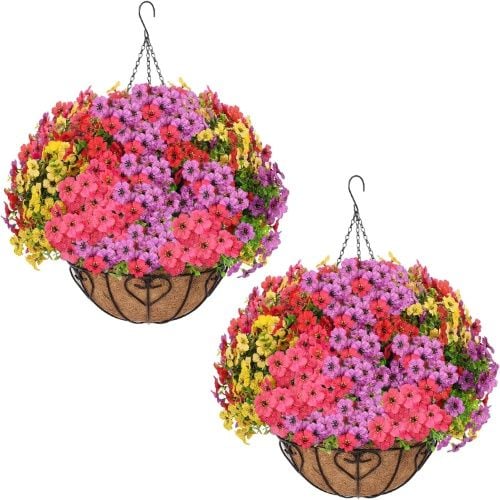 LetuoClips Artificial Mixed Hanging Flower for Outdoors, 2 Hanging Baskets with 26 Packs