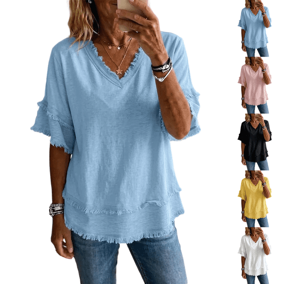 Gauze Tops for Women V Neck Short Sleeve Boho