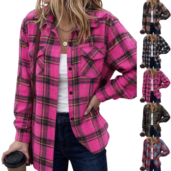 Plaid Flannel Shirt Womens Long Sleeve Top