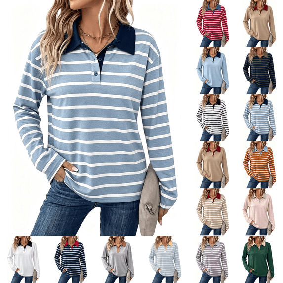 Rugby Sweatshirt for Women with Striped Quarter Button