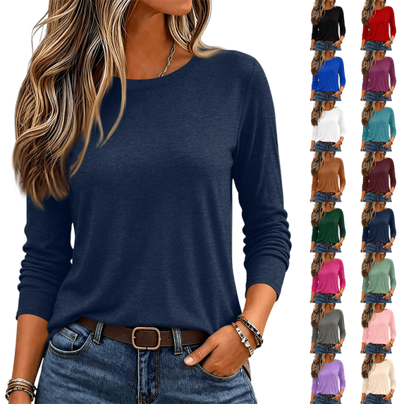 3/4 Length Sleeve Women Tops Crew Neck