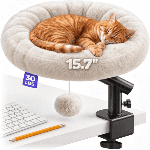 PetLovers Cat Plush Elevated Desk Bed with Removable Washable Cushion, 360° Swivel Arm, Secure Clamp