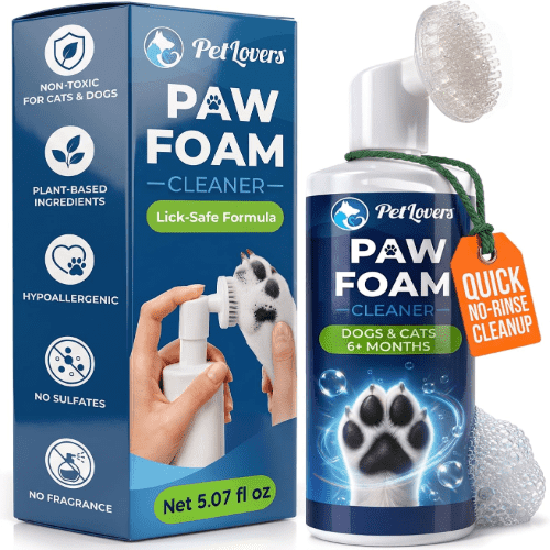 PetLovers Pet Paw Cleaner, No-Rinse Lick-Safe Hypoallergenic Plant-Based Fragrance-Free Foaming Wash with Silicone Brush, 5.07 fl oz (150ml)