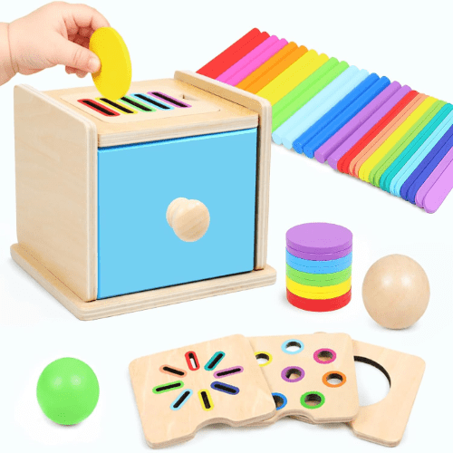 MTTIERY 4-in-1 Wooden Montessori Coin Box for 1+ Year Old