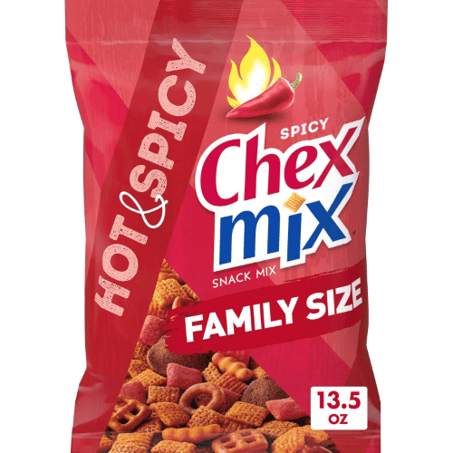 Chex Mix Hot & Spicy Snack Mix, Savory Snack Bag, Family Size, Corn & Hot & Spicy Chex, Rye Chips, Round & Square Pretzels, Breadsticks, 50% Less Fat than Regular Potato Chips, 13.5 oz