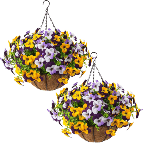 lovemoon Artificial Outdoor Pansy Flowers with Hanging Baskets, Purple, Yellow, White, Light Purple, 2 Sets, 24 Packs