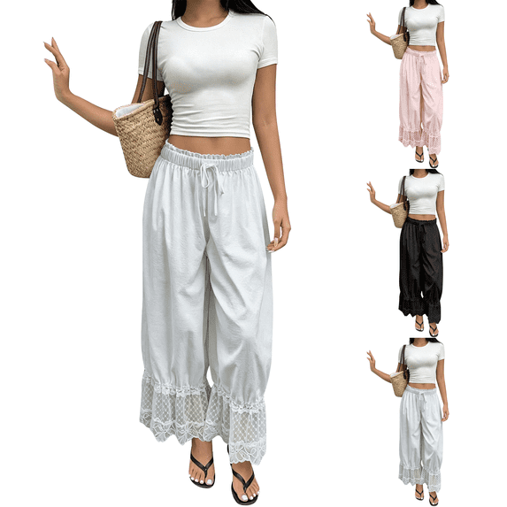 Women Linen Lace Trim Long Bloomers Pants