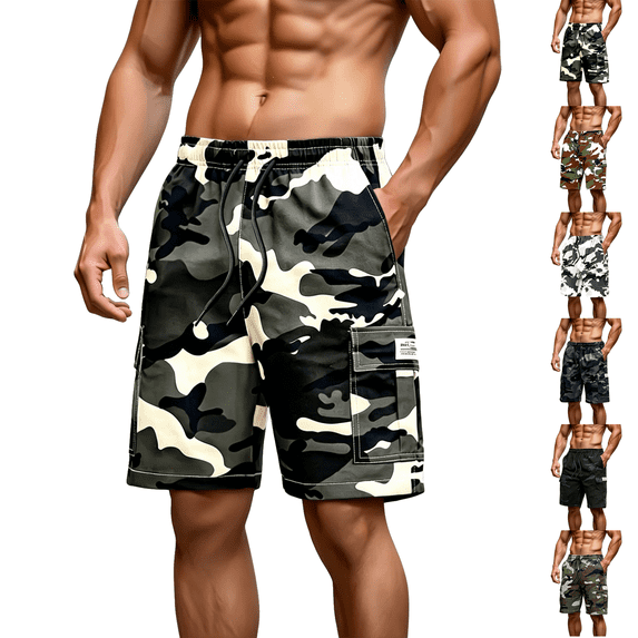 Athletic Camo Cargo Shorts Mens Elastic Waistband
